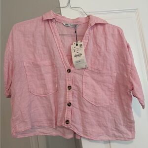 Zara Light Pink Linen Button-Front Crop Shirt